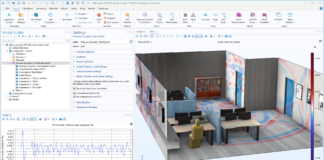 Pressure acoustics in an office environment, modeled in COMSOL Multiphysics® version 6.3 using GPU support for 25x faster results.